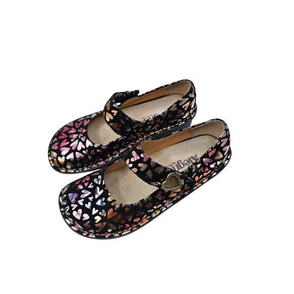 Alegria Women Sz 35 (US 5.5) Paloma Leather Mary Jane Clogs Metallic Heart Print - Picture 2 of 6